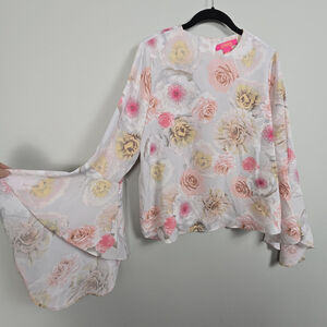 Catherine Malandrino Women Floral Bell Sleeve Top M Pink Artsy Romantic Ethereal